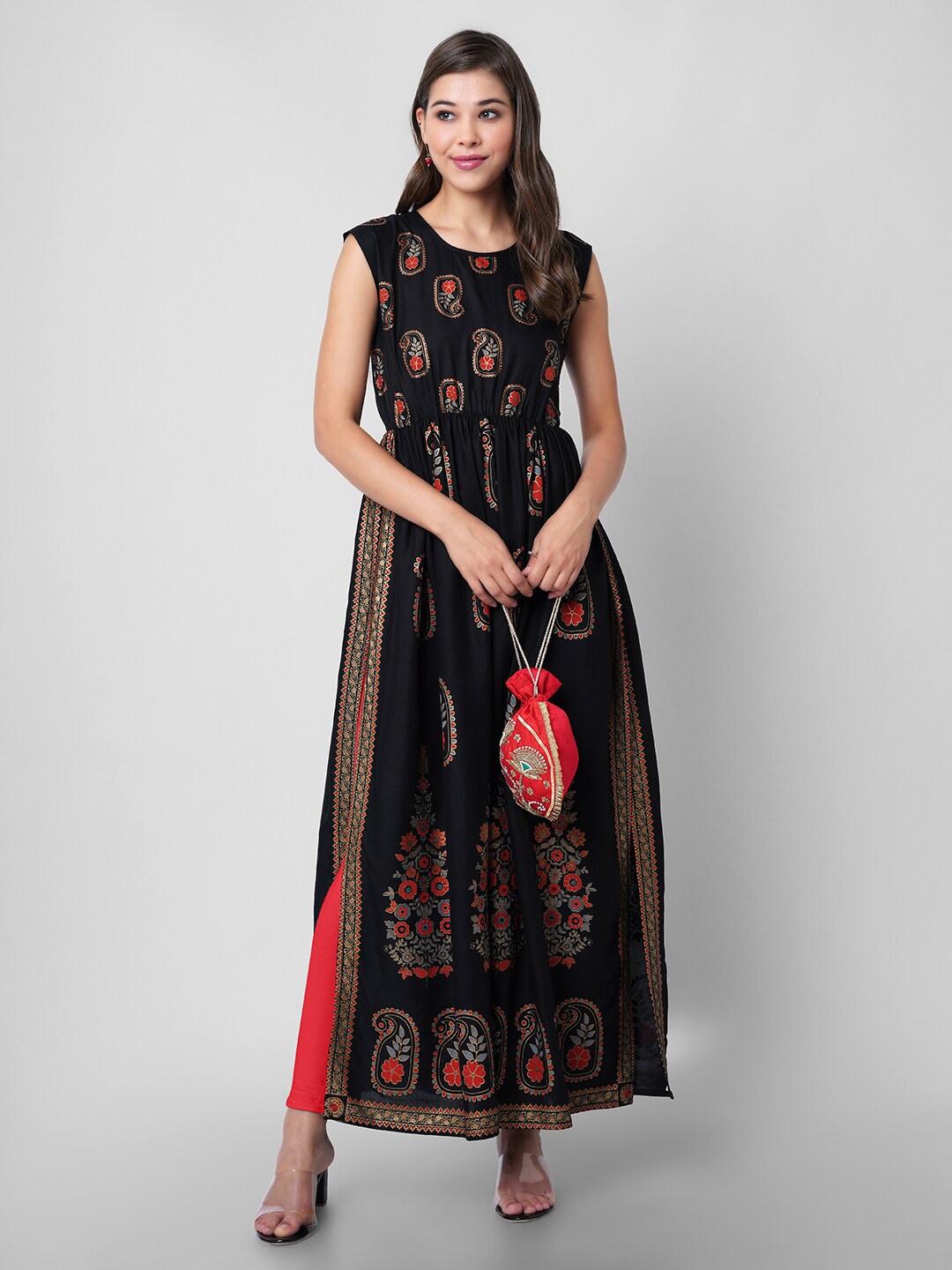 

PURSHOTTAM WALA Black & Gold-Toned Ethnic Motifs Maxi Dress