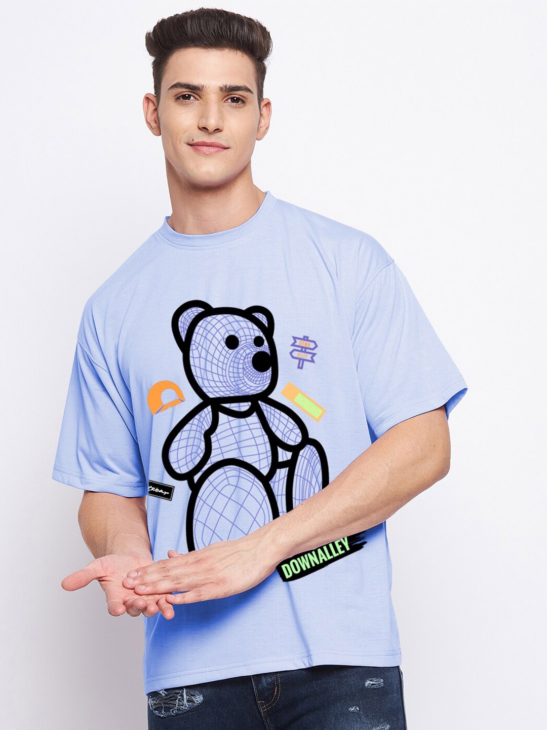 

FRENCH FLEXIOUS Men Blue & xiketic Printed Loose T-shirt
