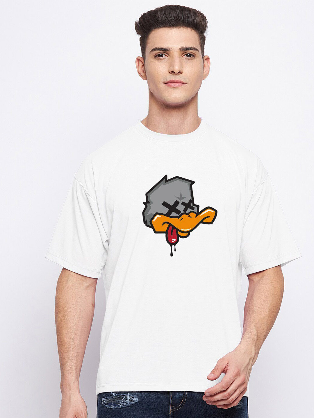 

FRENCH FLEXIOUS Men White Printed Drop-Shoulder Sleeves Loose T-shirt