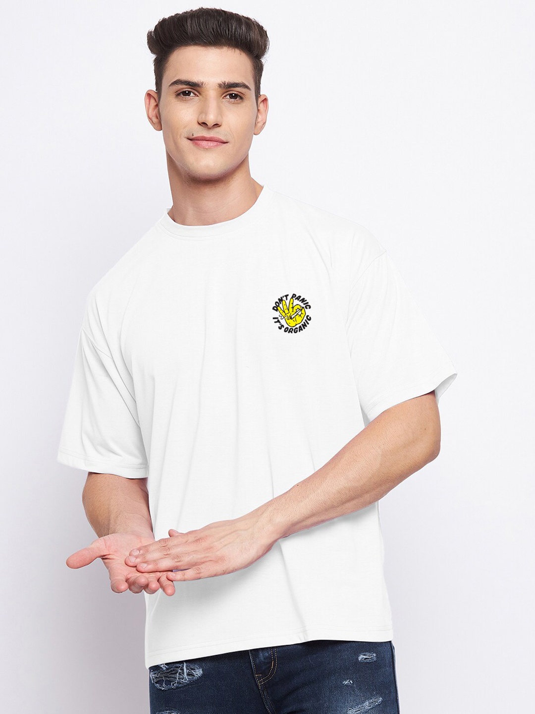 

FRENCH FLEXIOUS Men White Applique Loose T-shirt