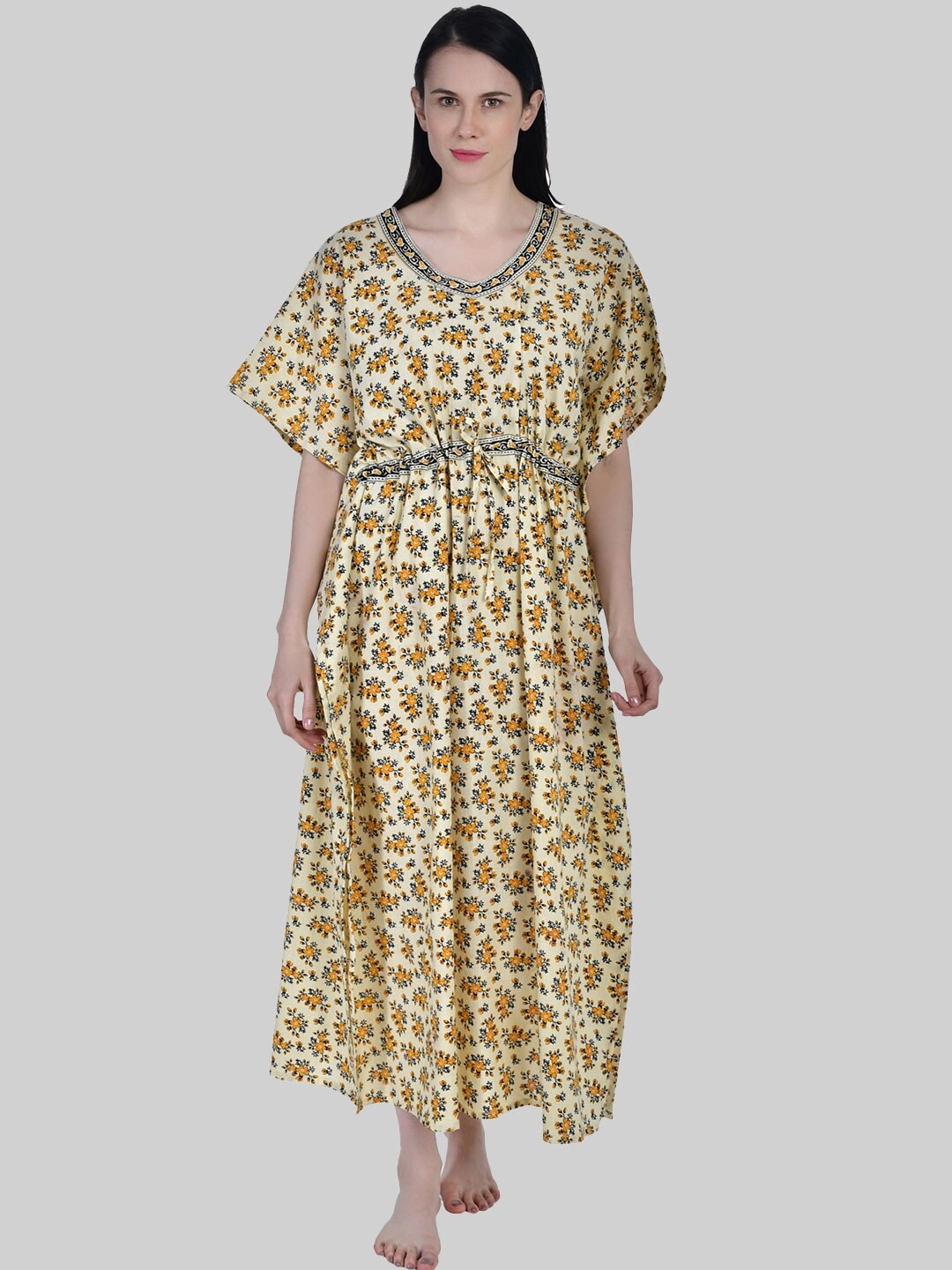 

Shararat Women's Yellow Printed Maxi Nightdress