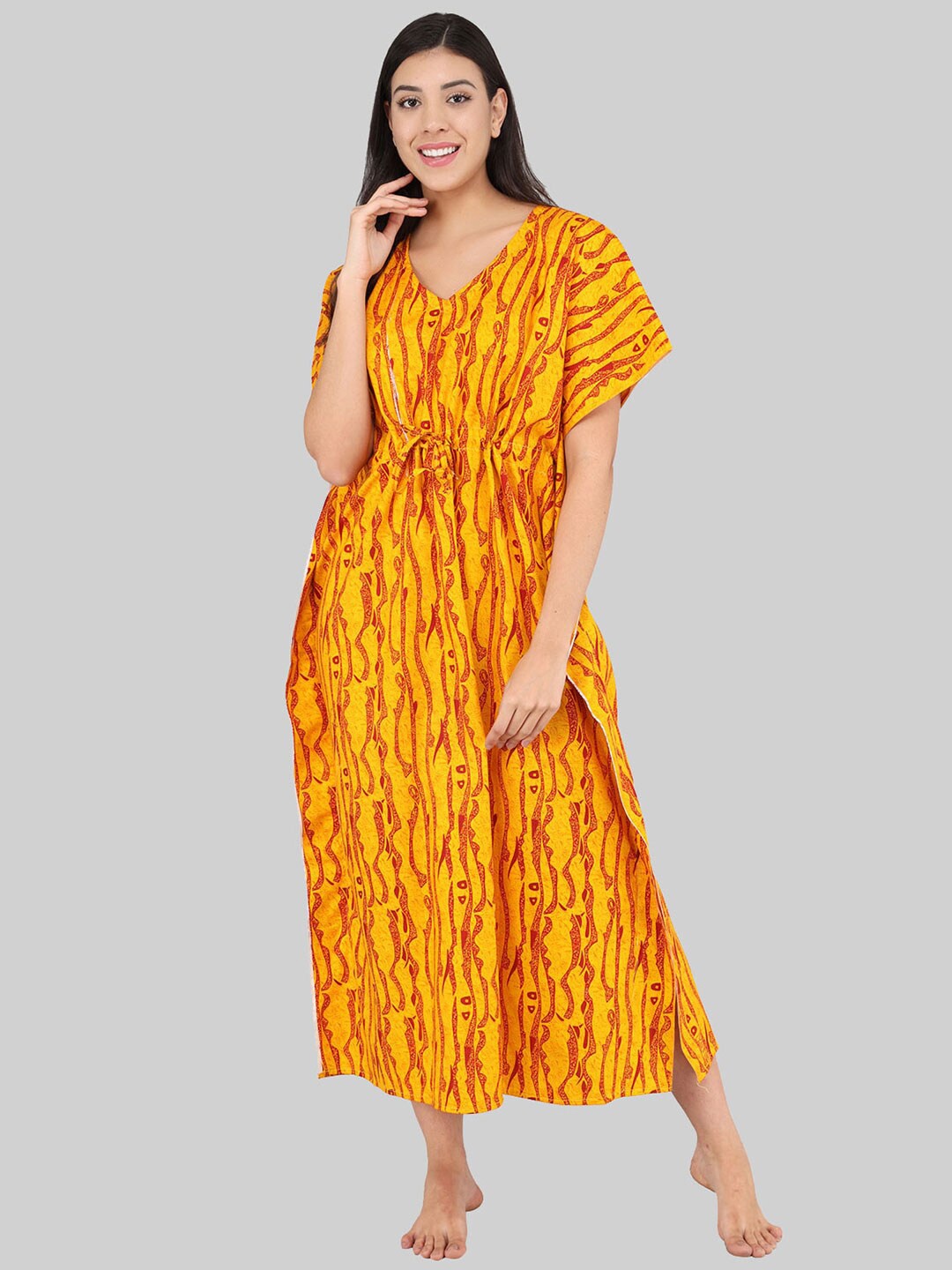 

Shararat Yellow Printed Maxi Pure Cotton Kaftan Nightdress