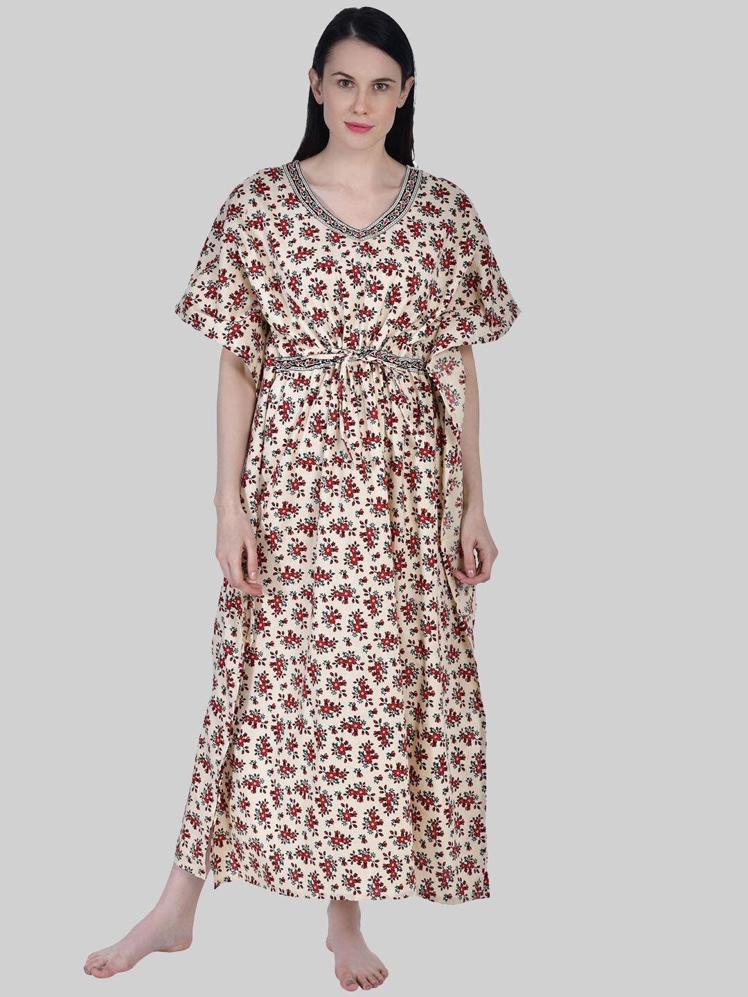 

Shararat Women's Printed Cotton Kaftan Nightwear Night Gown for Women (Red)