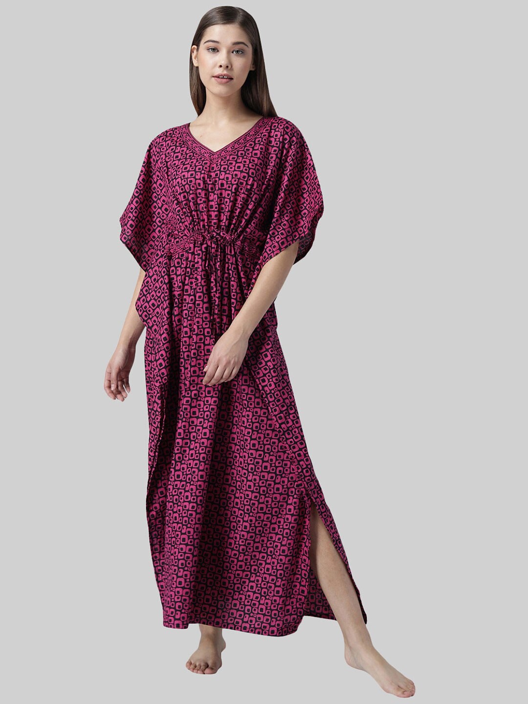 

Shararat Women Dark Pink Geometric Printed Maxi Kaftan Nightdress