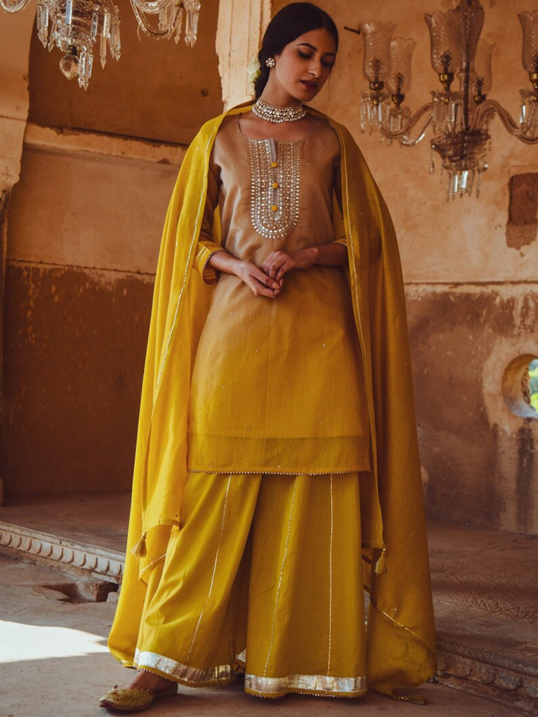 

KARAJ JAIPUR Women Yellow Ethnic Motifs Embroidered Kurta with Palazzos & With Dupatta