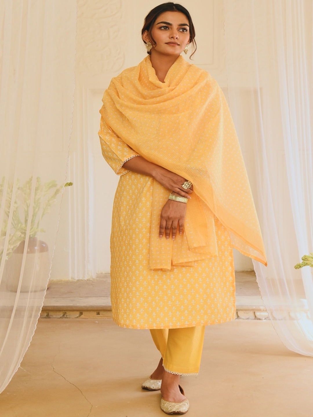 

KARAJ JAIPUR Women's Yellow Pure Cotton Kurta With Trousers & Dupatta