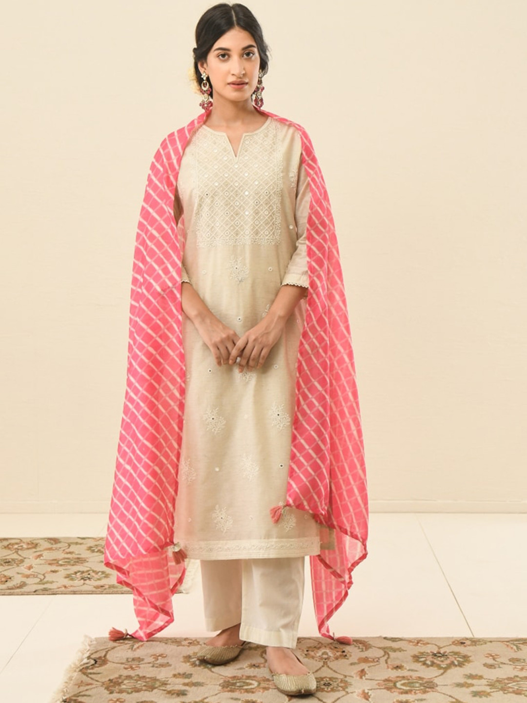

KARAJ JAIPUR Women Cream-Coloured Embroidered Pleated Kurtq with Trousers & With Dupatta
