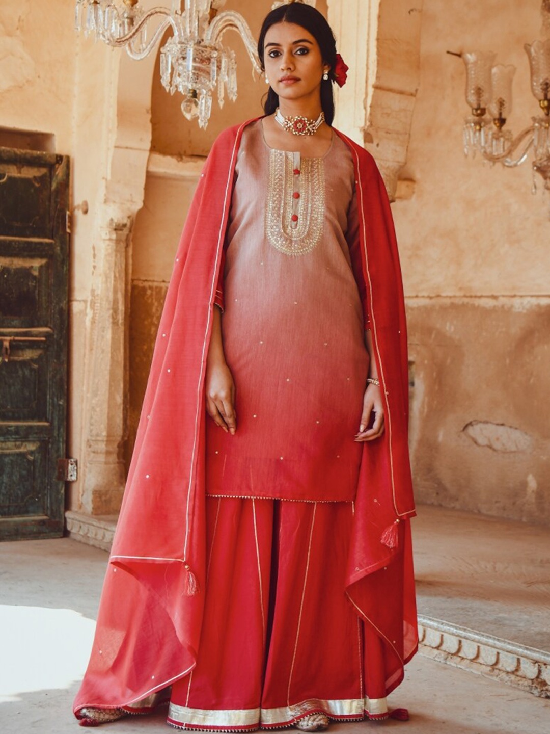 

KARAJ JAIPUR Women Red Ombre Ethnic Motifs Embroidered Kurta with Skirt & With Dupatta