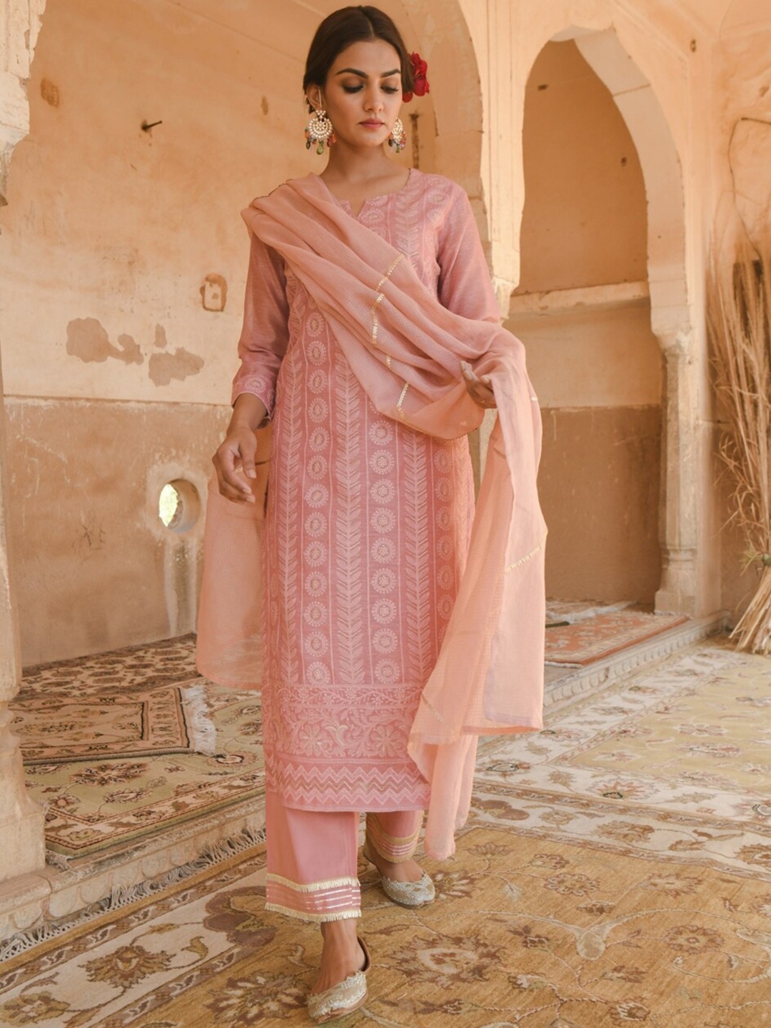 

KARAJ JAIPUR Women Pink Embroidered Chikankari Kurta with Trousers & With Dupatta