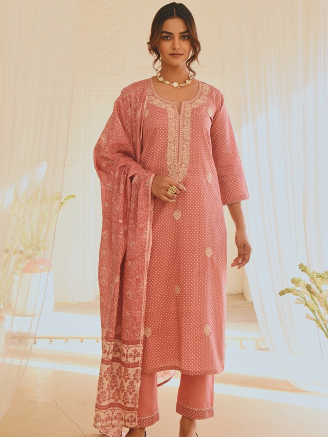 

KARAJ JAIPUR Women Pink Pleated Pure Cotton Kurta with Trousers & With Dupatta