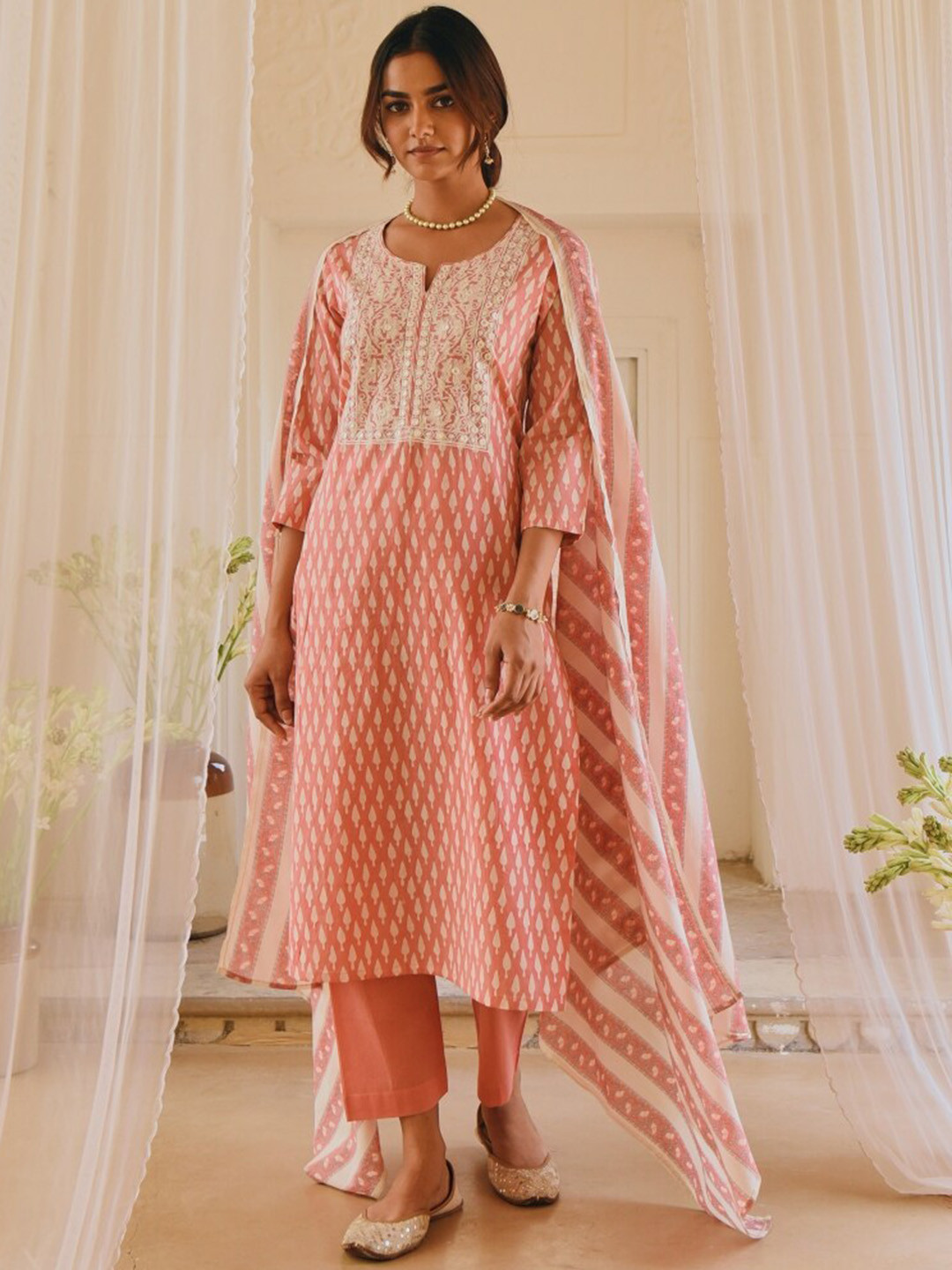 

KARAJ JAIPUR Women Pink Pure Cotton Kurta with Trousers & With Dupatta