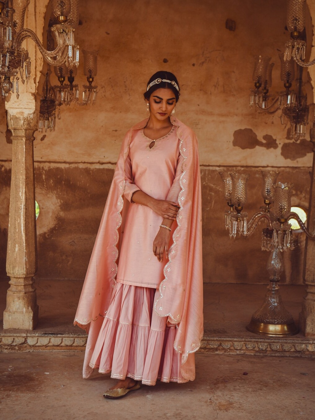 

KARAJ JAIPUR Women Peach-Coloured Top with Sharara & With Dupatta