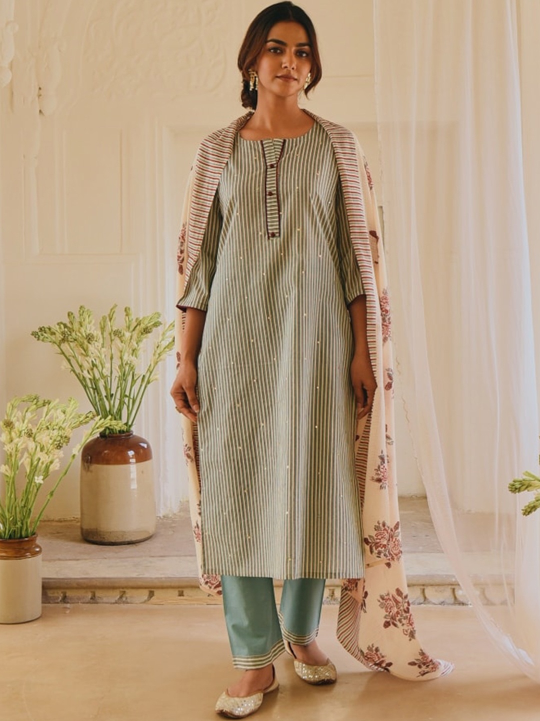 

KARAJ JAIPUR Women Teal Printed Pure Cotton Kurta with Palazzos & With Dupatta