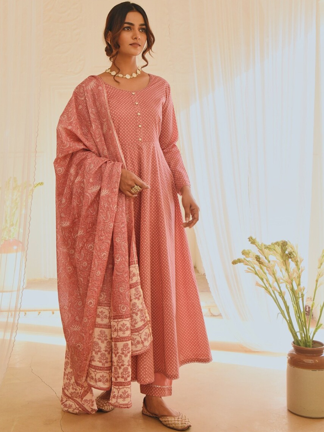 

KARAJ JAIPUR Women Pink Empire Pure Cotton Kurta with Trousers & With Dupatta