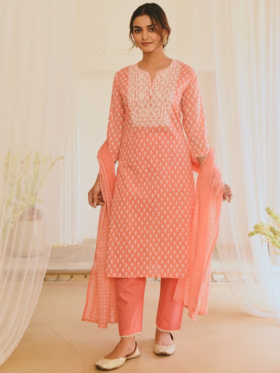 

KARAJ JAIPUR Women Coral Printed Pure Cotton Kurta with Trousers & With Dupatta