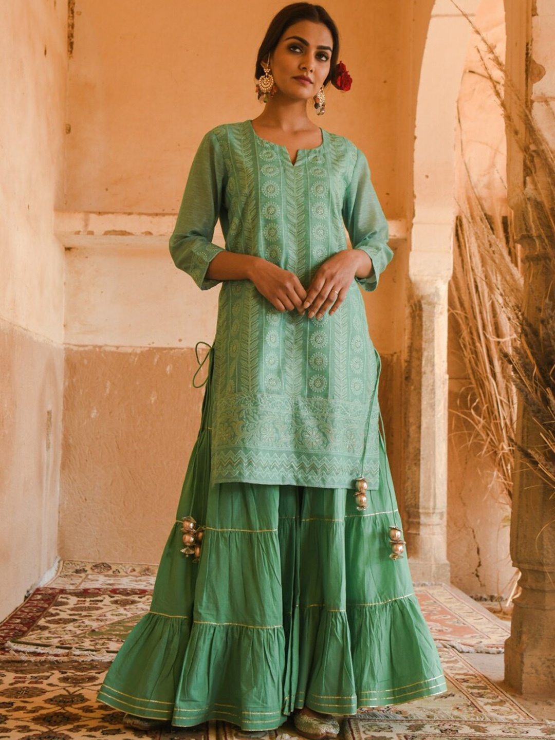 

KARAJ JAIPUR Women Green Embroidered Chanderi Kurta with Sharara & With Dupatta