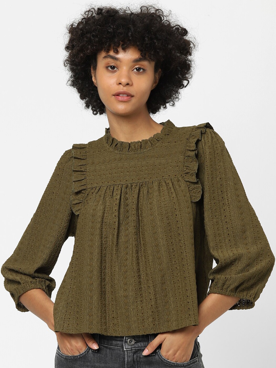 

ONLY Olive Green Embroidered Ruffles Top