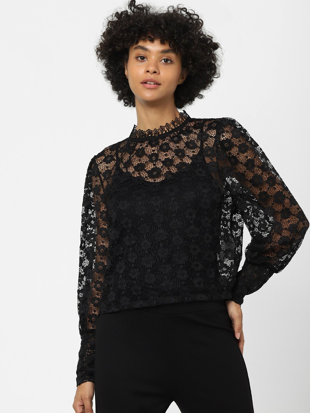 

ONLY Black Lace Up Self Design Top