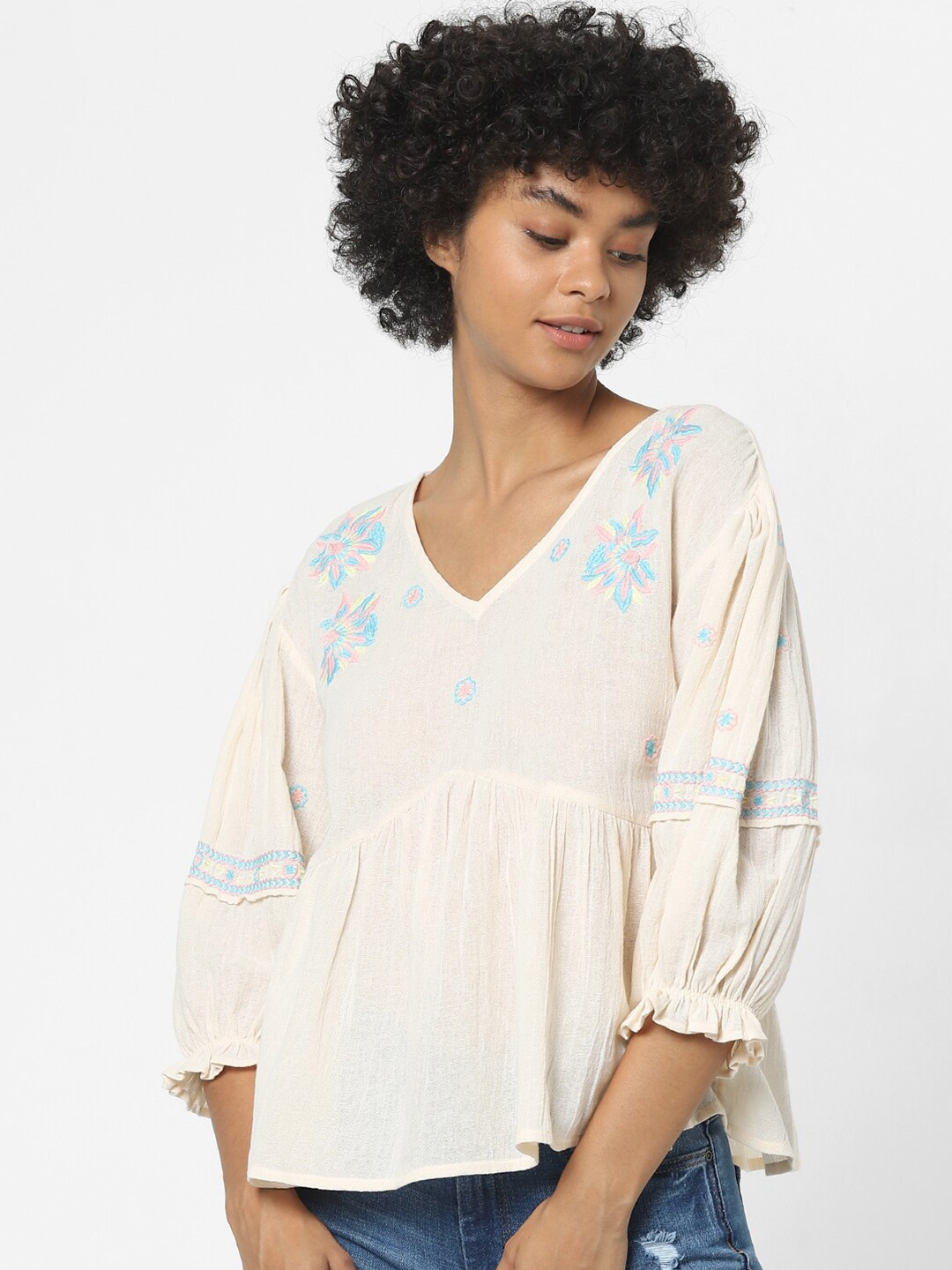

ONLY Pink & Blue Floral Embroidered Cinched Waist Top
