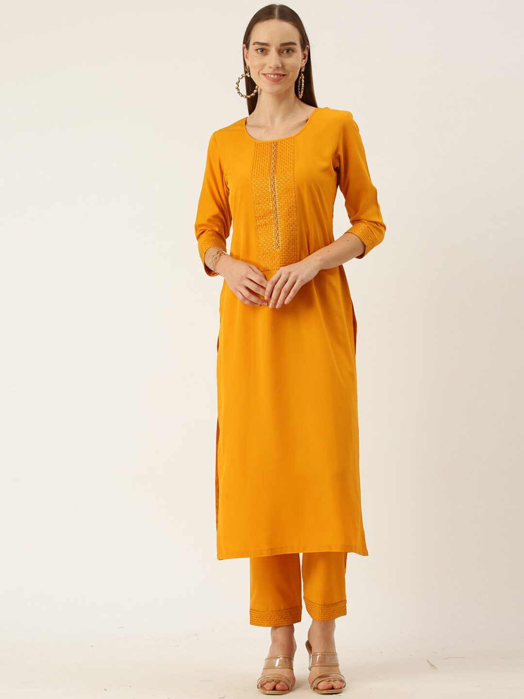 

SheWill Women Yellow Panelled Sequinned Kurta with Trousers