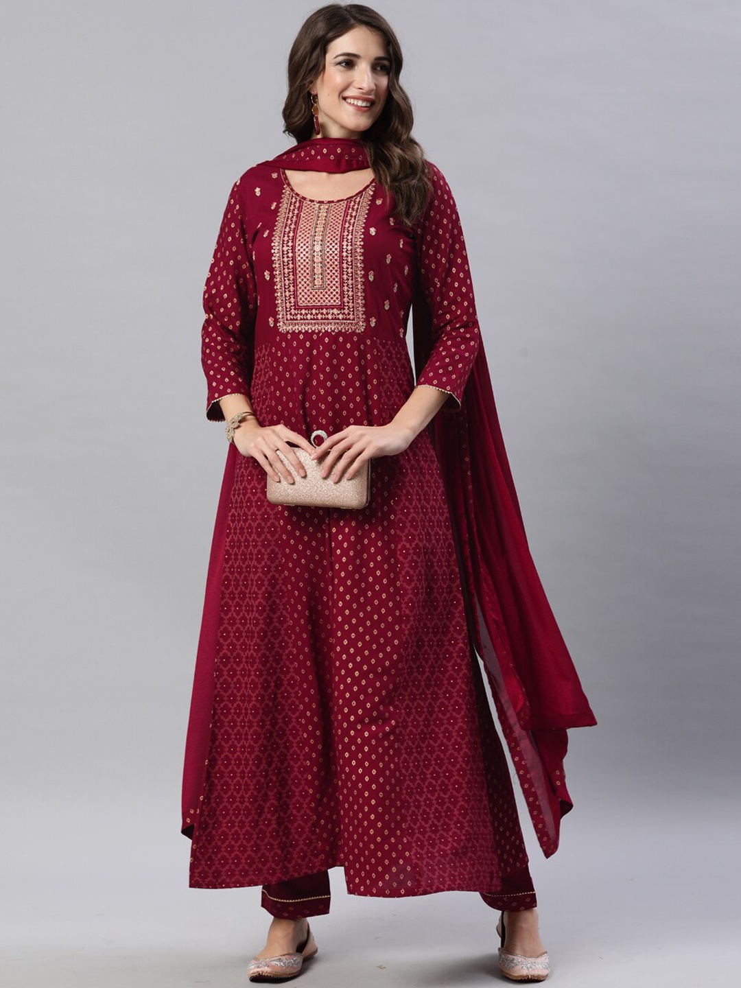 

SheWill Women Maroon Empire Kurta with Trousers & With Dupatta