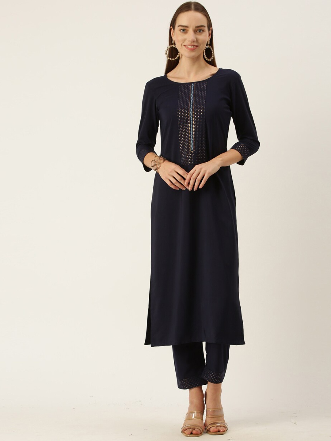 

SheWill Women Navy Blue Floral Panelled Sequinned Kurta with Trousers