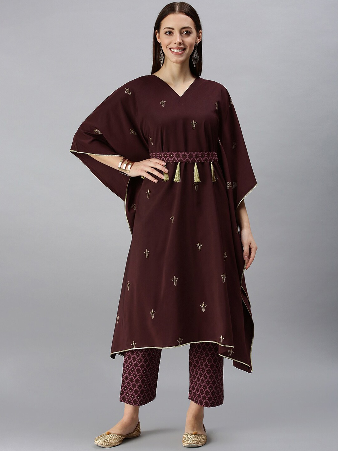 

SheWill Women Maroon Foil Printed Kaftan Kurta with Trousers & Dupatta