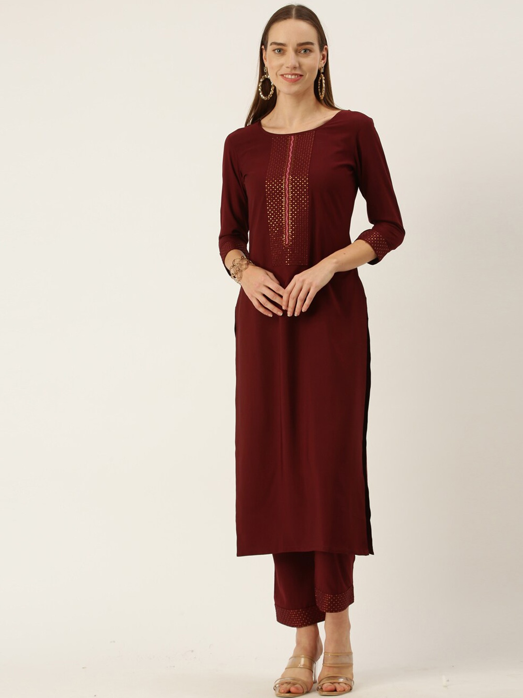 

SheWill Women Maroon Panelled Kurta with Trousers