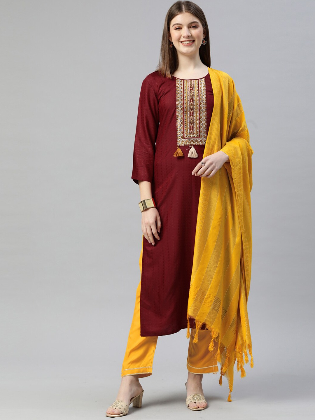 

SheWill Women Maroon Ethnic Motifs Embroidered Kurta with Trousers & With Dupatta