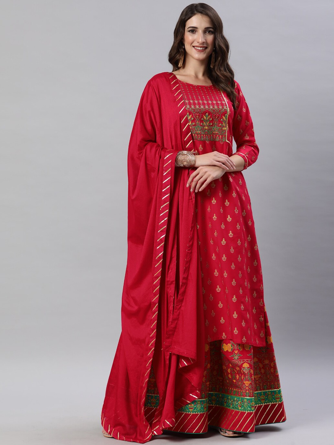 SheWill Women Red Floral Embroidered Kurta with Skirt & Dupatta