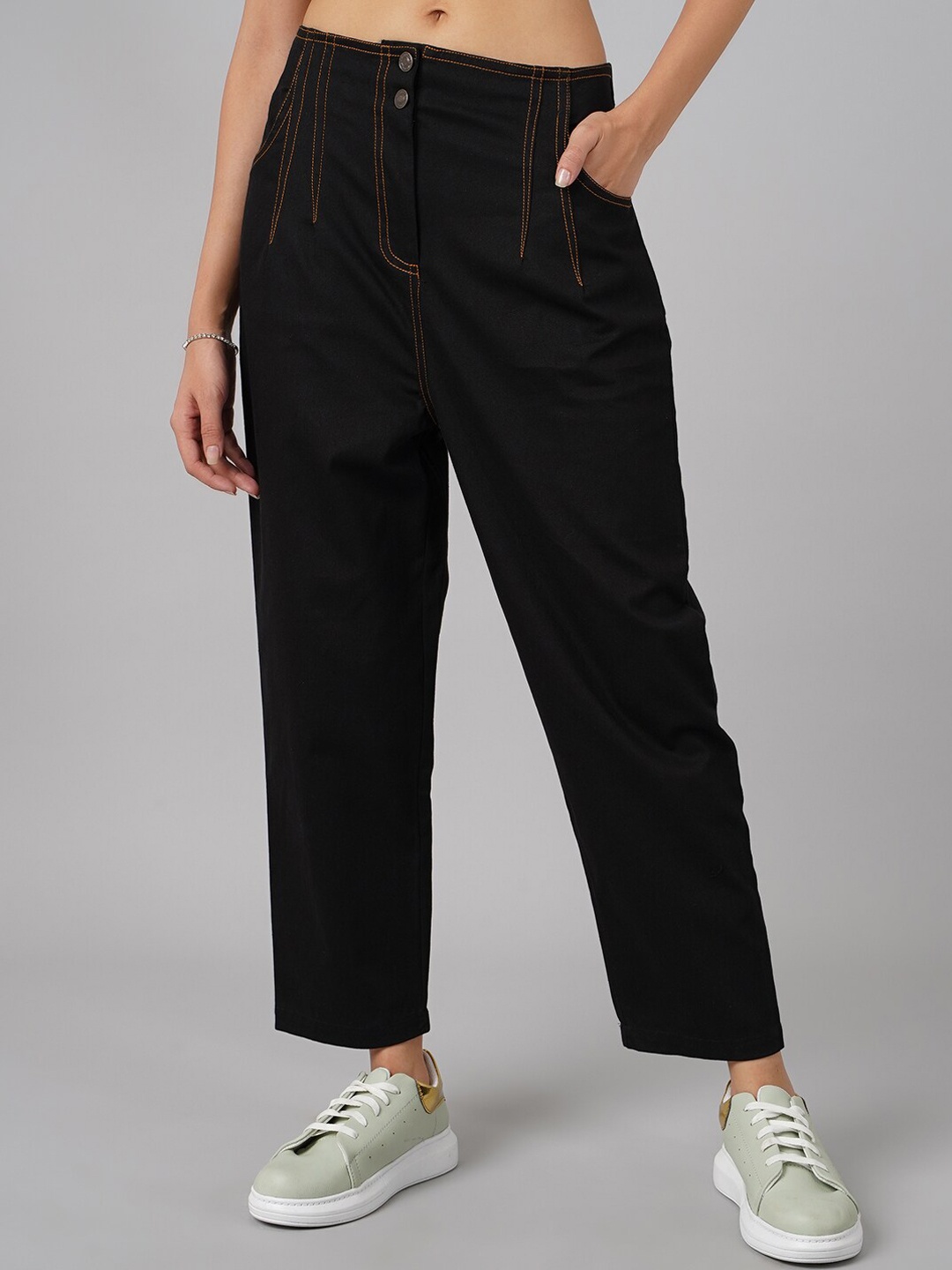 

DressBerry Women Black High-Rise 100% Cotton Tapered Trousers