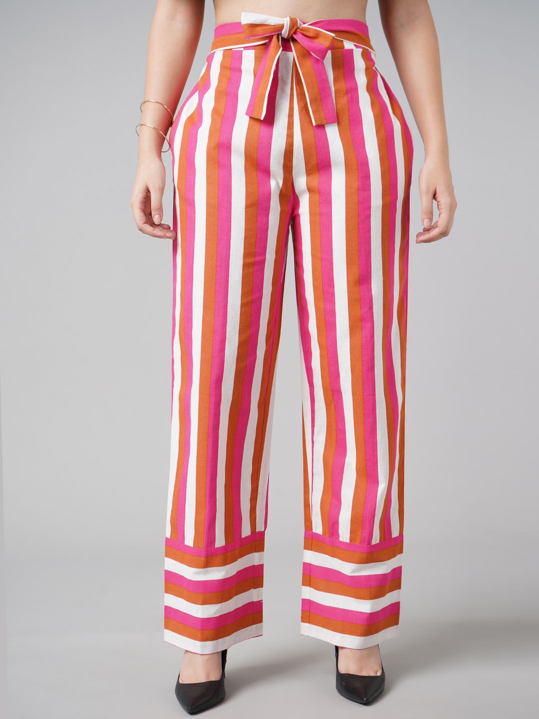 

DressBerry Women Pink Striped High-Rise Trousers