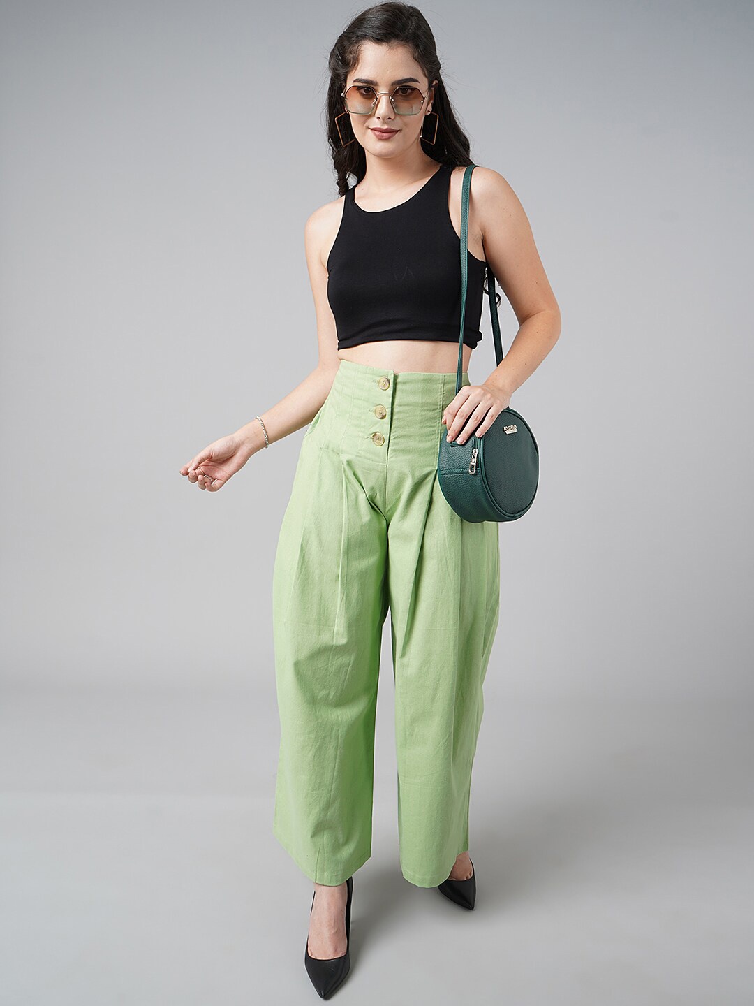 

DressBerry Women Green High-Rise Pleated Trousers