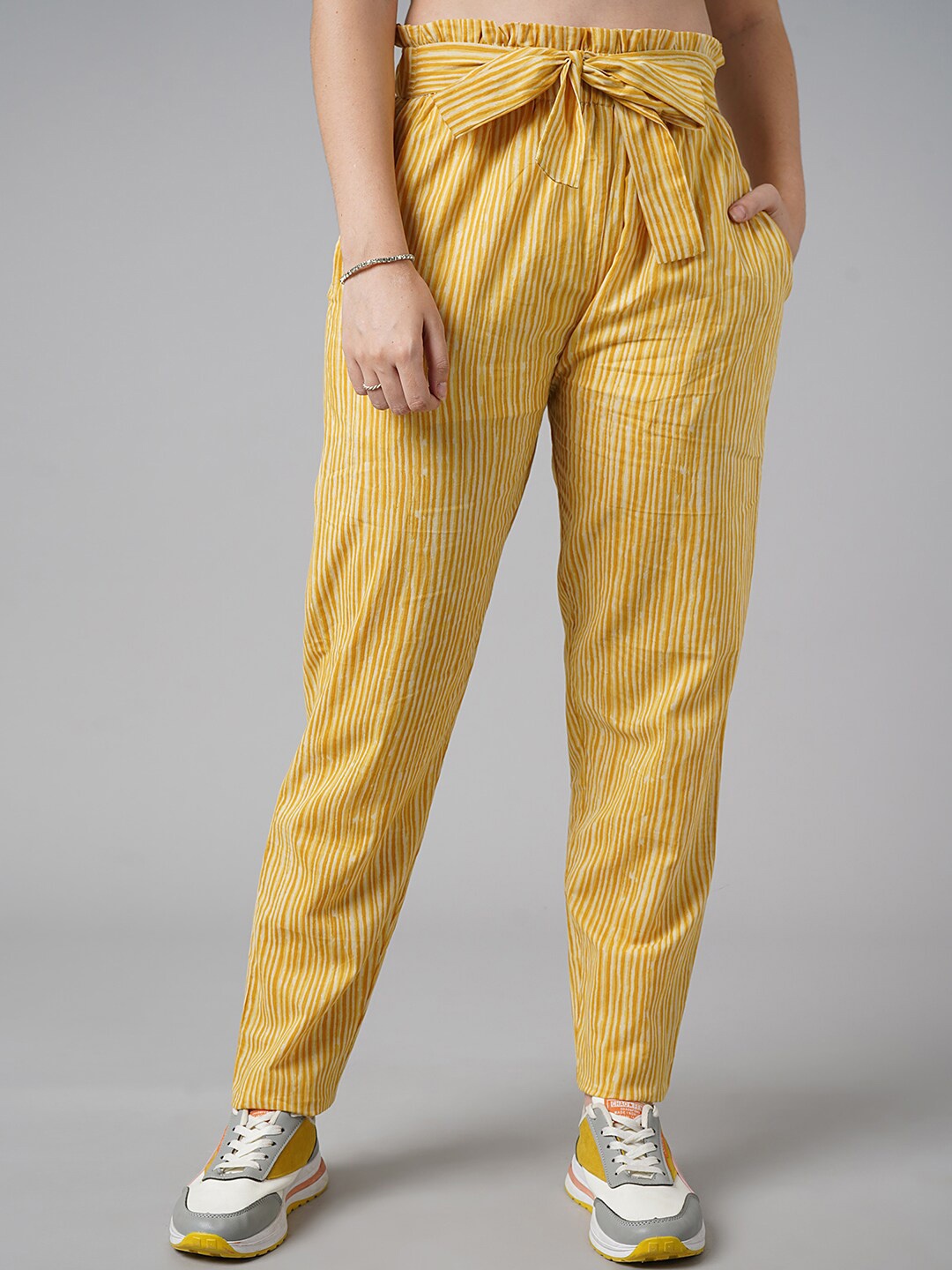 

DressBerry Women Yellow Striped High-Rise Pleated Trousers