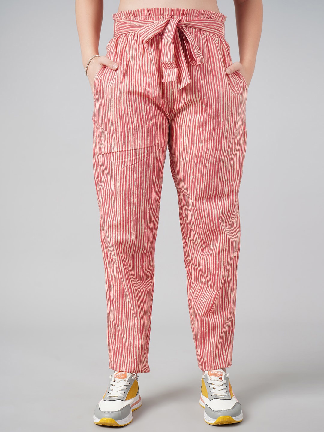 

DressBerry Women Red Striped High-Rise Pleated Trousers