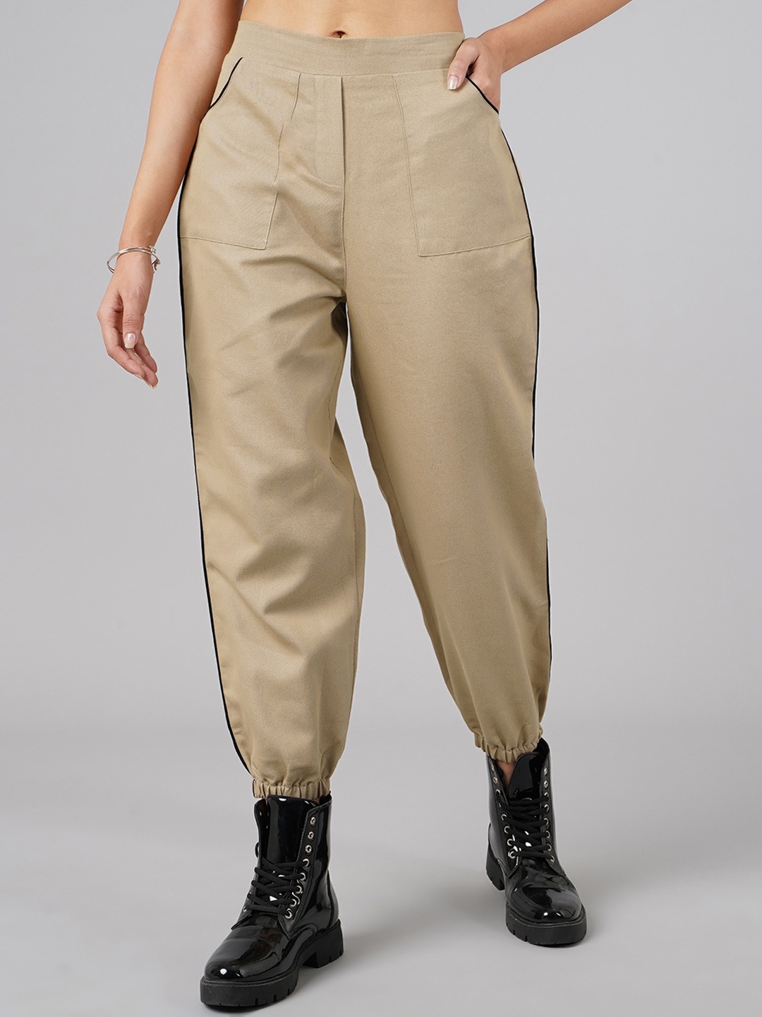 

DressBerry Women Beige High-Rise Joggers Trousers