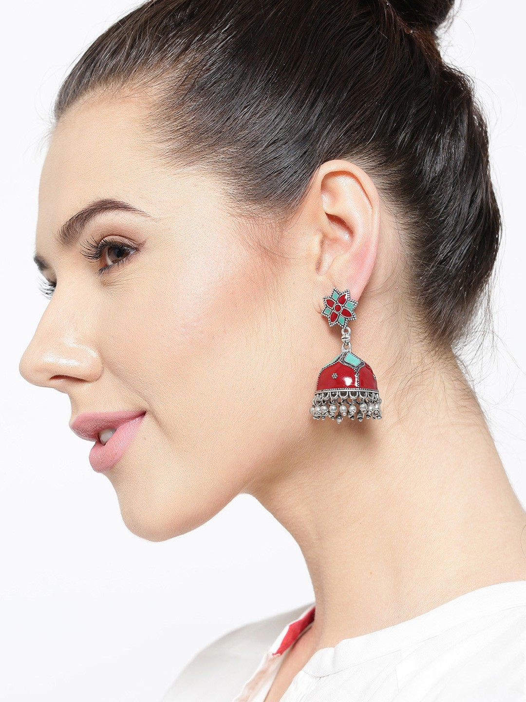 

PANASH German Silver-Plated & Red Statement Jhumkas