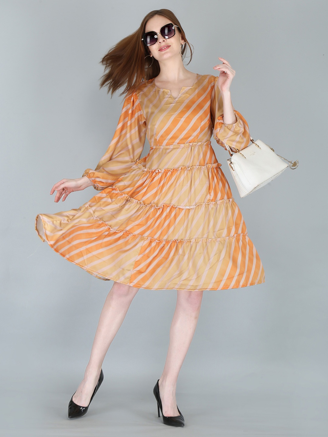 

KALINI Yellow Striped Satin Tiered Fit & Flare Dress