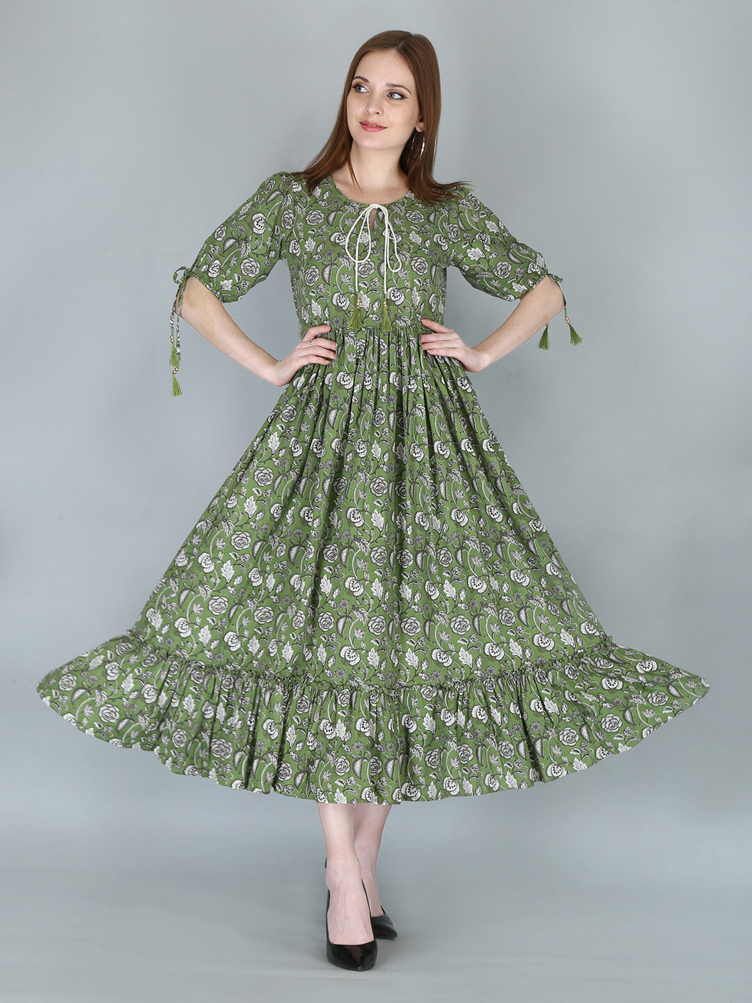 

KALINI Green Ethnic Motifs Midi A-Line Dress