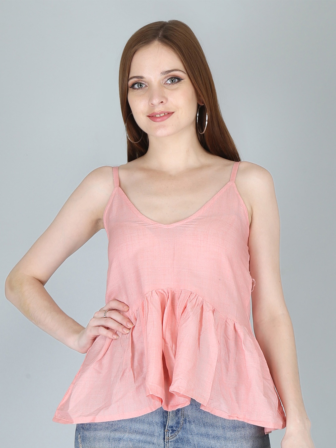 

KALINI Peach-Coloured Shoulder Straps Peplum Top