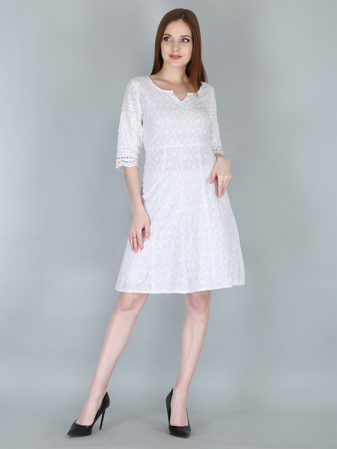 

KALINI White Floral Embroidered Ethnic Dress