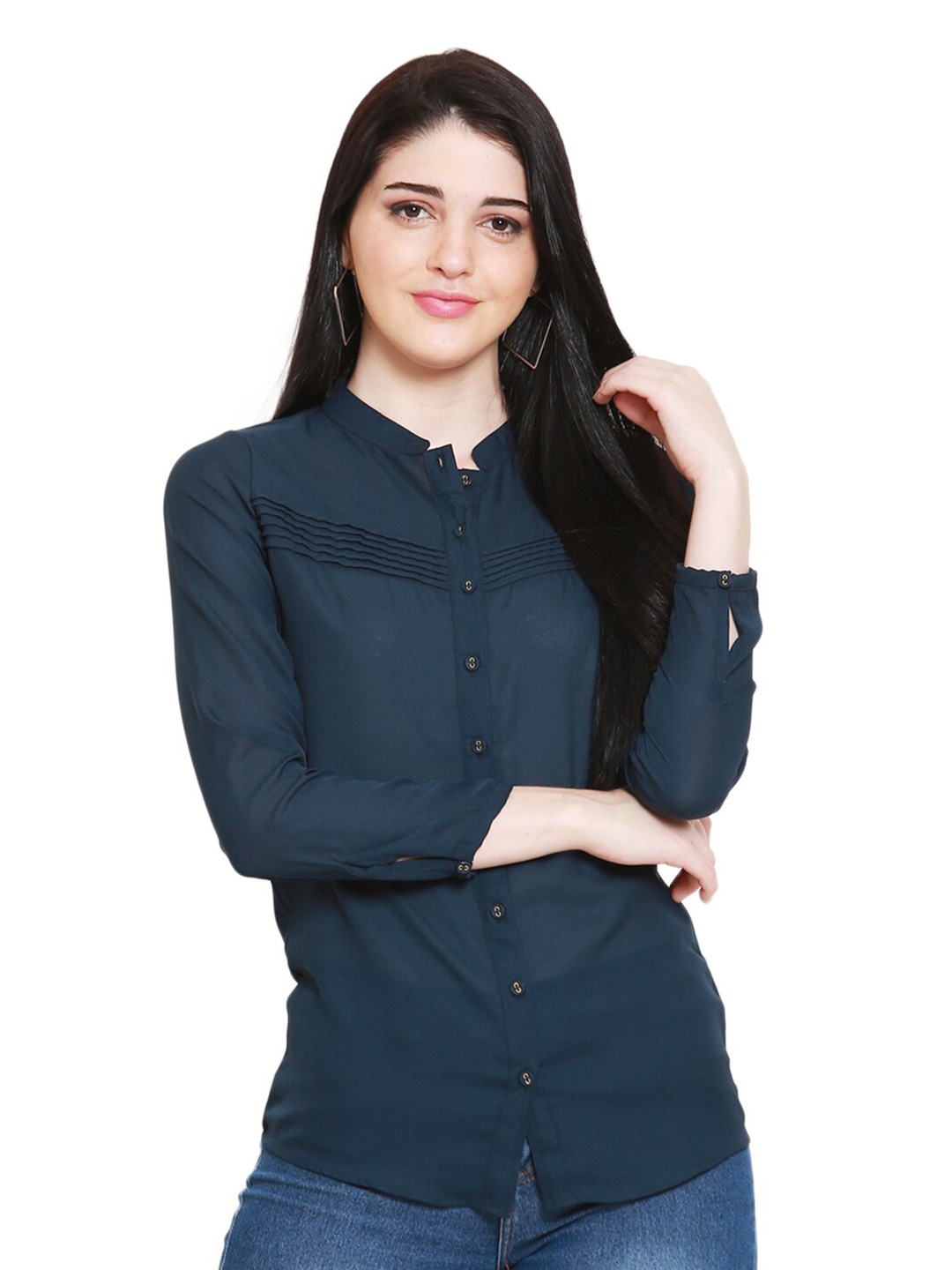 

BLUE CHIC Women Navy Blue Relaxed Casual mandarin collar Shirt
