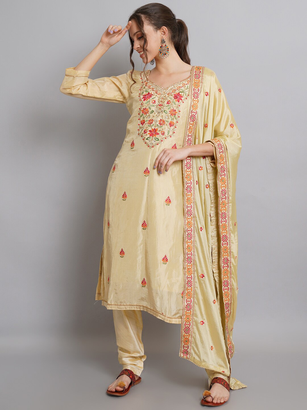 

Stylee LIFESTYLE Yellow & Red Pure Silk Unstitched Dress Material