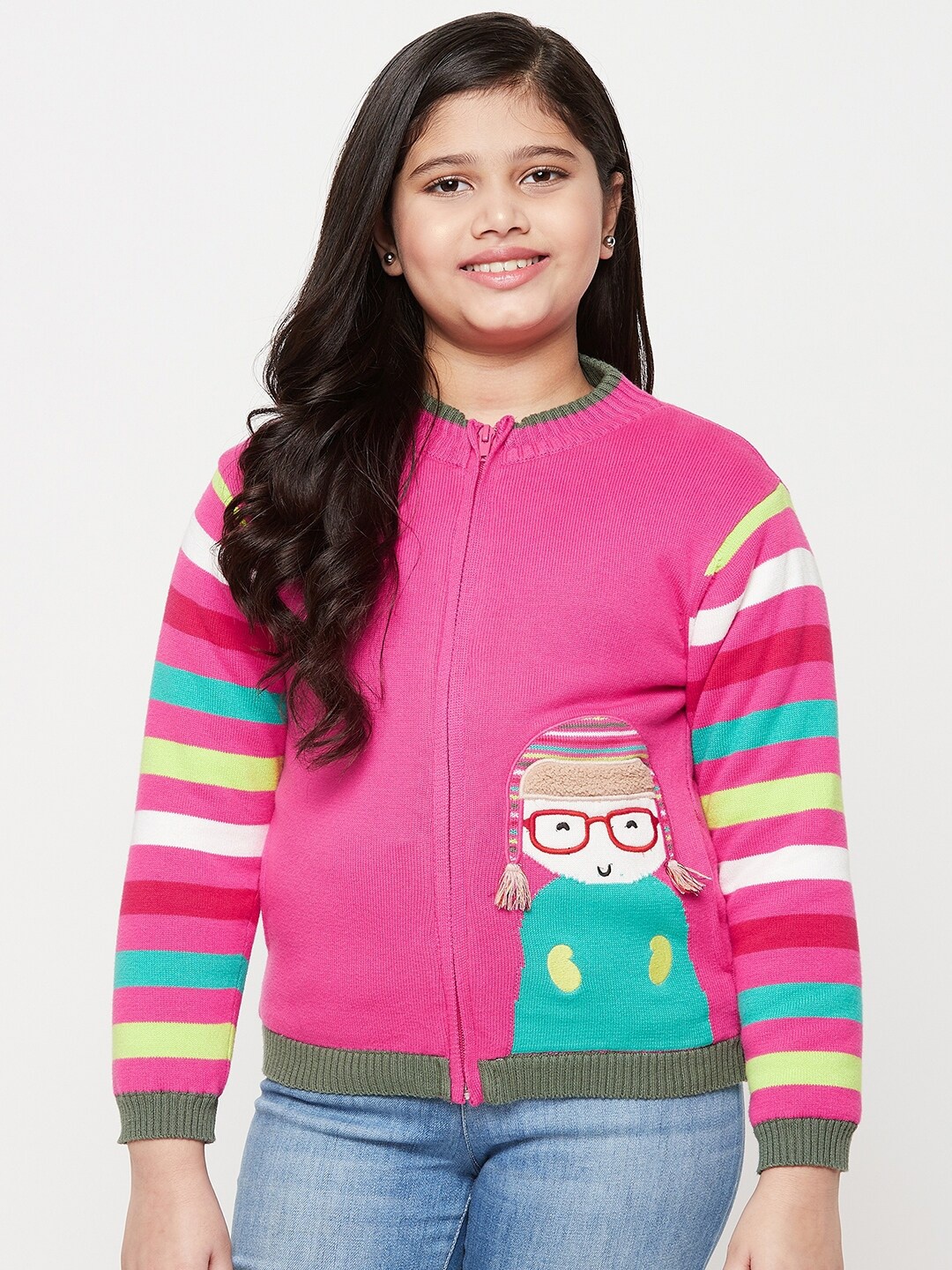 

JWAAQ Girls Magenta & Green Striped Printed Pullover