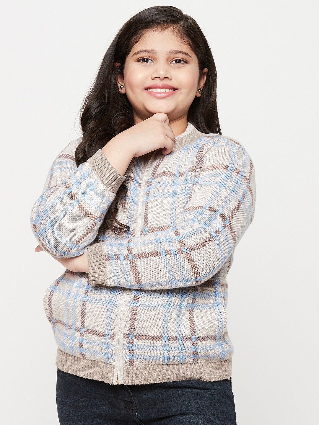

JWAAQ Girls Beige & Brown Checked Pullover
