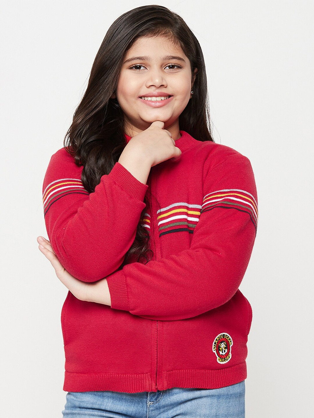 

JWAAQ Girls Red & White Striped Pure Cotton Cardigan Sweater