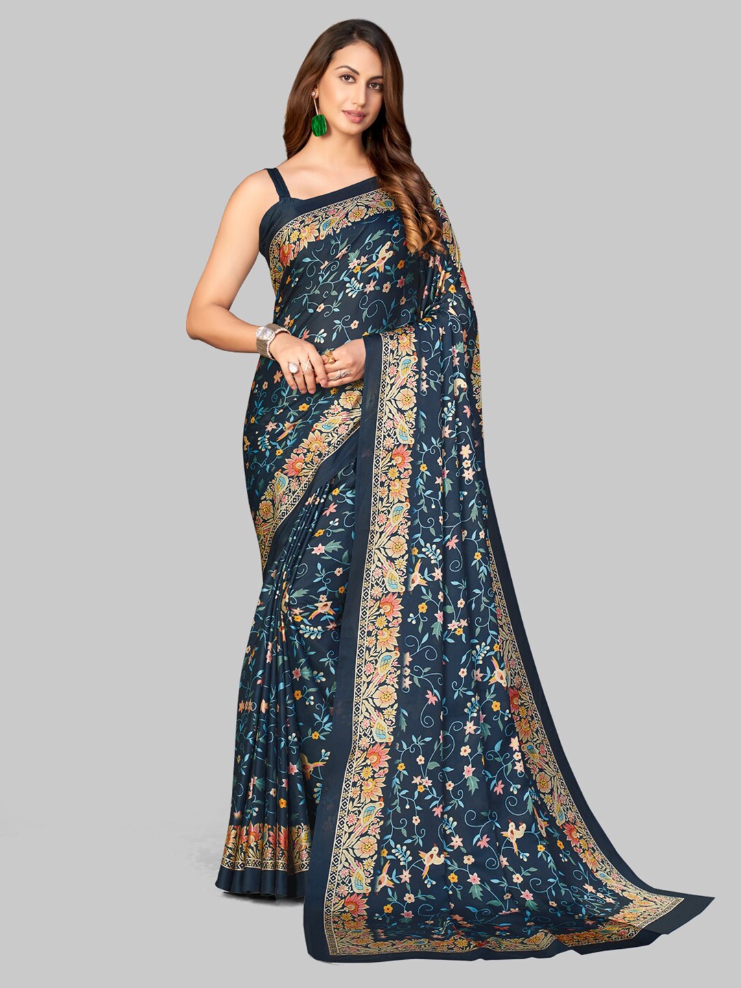 

7TH FAB Teal Blue & Peach-Coloured Floral Satin Saree