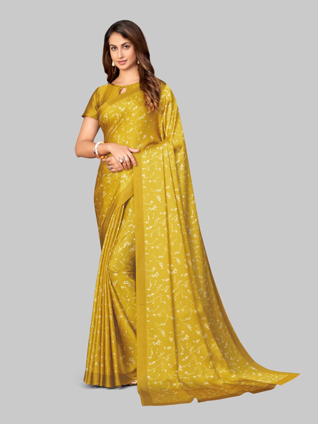 

7TH FAB Gold-Toned Floral Print Satin Saree