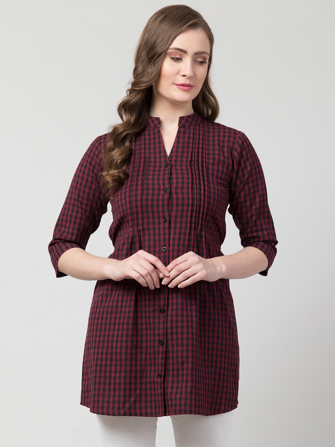 

Hive91 Maroon & Black Mandarin Collar Checked Tunic