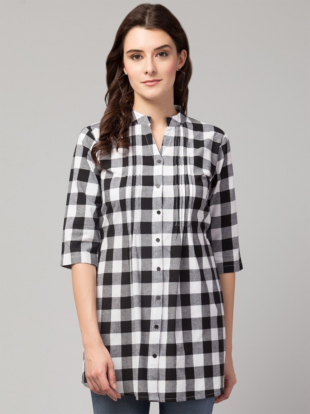 

Hive91 White & Black Mandarin Collar Checked Pure cotton Tunic